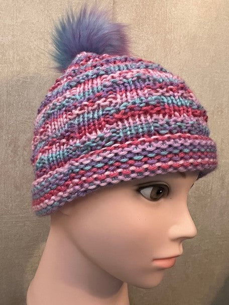 Pretty in Pink Beanie Winter Hat with Faux Pom Pom