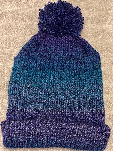 Handmade Adult Blue & Purple Handmade Knitted Beanie with pom pom