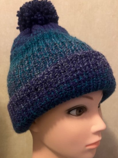 Handmade Adult Blue & Purple Handmade Knitted Beanie with pom pom