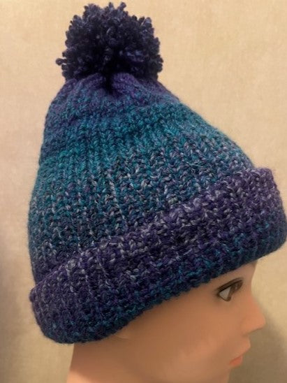 Handmade Adult Blue & Purple Handmade Knitted Beanie with pom pom