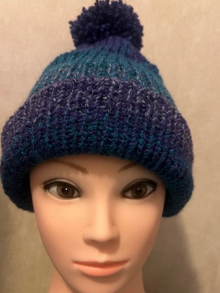 Handmade Adult Blue & Purple Handmade Knitted Beanie with pom pom