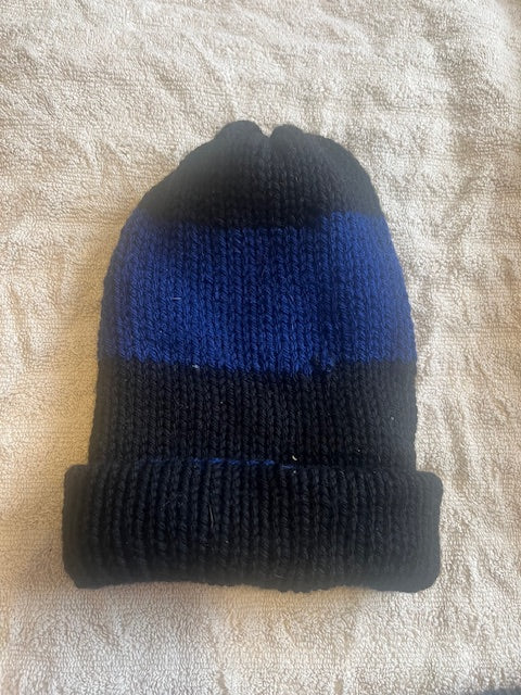 Super Warm Handmade Black and Blue Striped Beanie Winter Hat