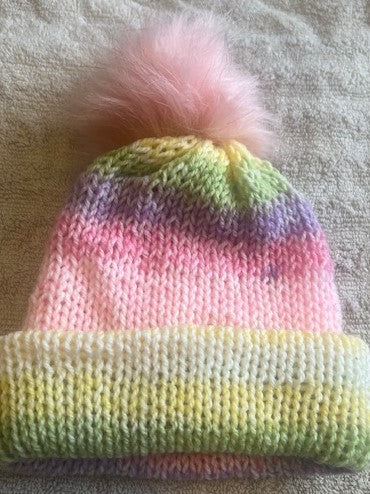 Infant/Toddler Handmade Pink & Yellow Infant/toddler beanie with pompom