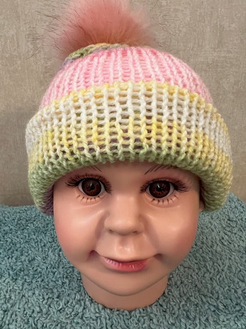 Infant/Toddler Handmade Pink & Yellow Infant/toddler beanie with pompom