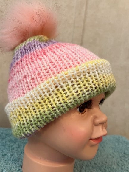 Infant/Toddler Handmade Pink & Yellow Infant/toddler beanie with pompom