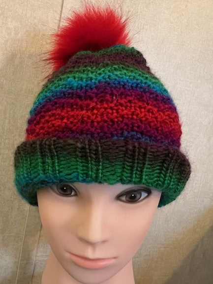 Hand-knit  Adult "Apple Orchard" Winter Hat w/pompom