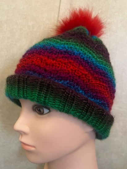 Hand-knit  Adult "Apple Orchard" Winter Hat w/pompom