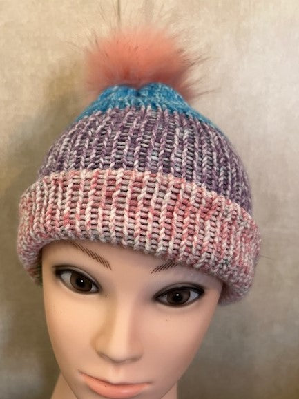 Colorful Rainbow Hand-Knit Adult/Baby/Toddler Beanie with Faux Fur Pom pom