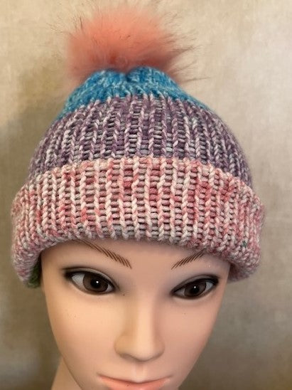 Colorful Rainbow Hand-Knit Adult/Baby/Toddler Beanie with Faux Fur Pom pom