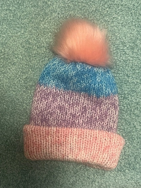 Colorful Rainbow Hand-Knit Adult/Baby/Toddler Beanie with Faux Fur Pom pom