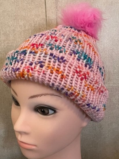 Hand-made Adult/child/infant Pink Speckled Hat with Pom Pom