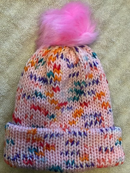 Hand-made Adult/child/infant Pink Speckled Hat with Pom Pom