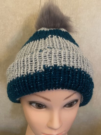 Sparkly Hand-knit Striped Beanie with Faux Pom Pom