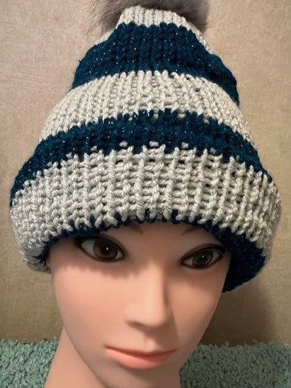 Sparkly Hand-knit Striped Beanie with Faux Pom Pom