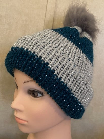 Sparkly Hand-knit Striped Beanie with Faux Pom Pom