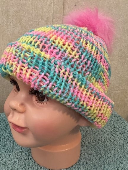 Hand-Knit Bright & Colorful Rainbow Colored Beanie For Infant