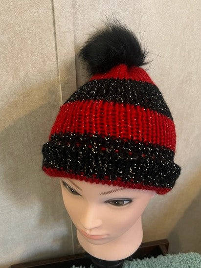 Sparkly Hand-knit Striped Beanie with Faux Pom Pom