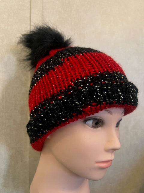 Sparkly Hand-knit Striped Beanie with Faux Pom Pom