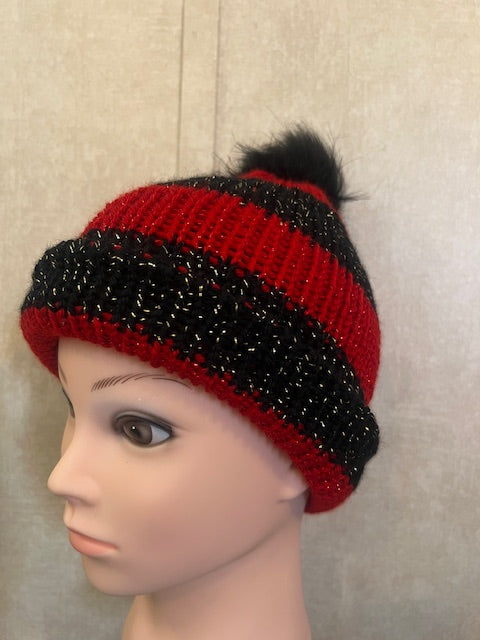 Sparkly Hand-knit Striped Beanie with Faux Pom Pom