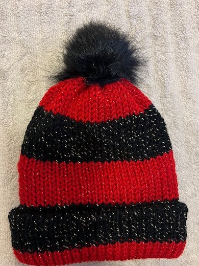 Sparkly Hand-knit Striped Beanie with Faux Pom Pom