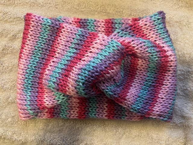 Colorful Pink, Purple, & Turquoise Handmade Knit Pink Twisted Head Wrap/Headband with Open top