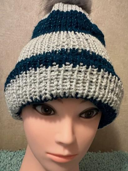 Sparkly Metallic Handmade Knit Striped Hat with Faux Pom Pom