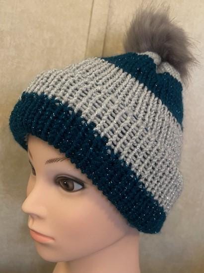 Sparkly Metallic Handmade Knit Striped Hat with Faux Pom Pom