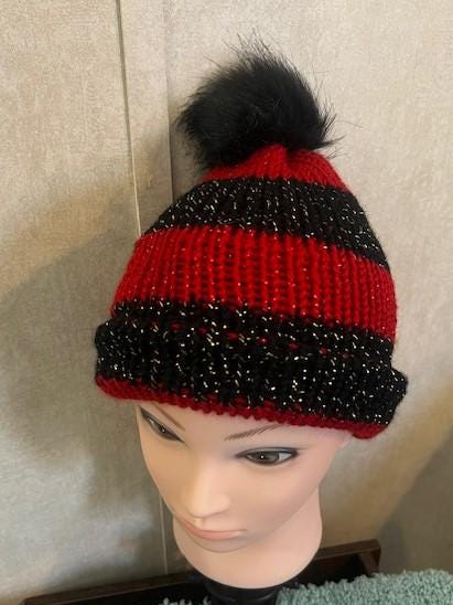 Sparkly Metallic Handmade Knit Striped Hat with Faux Pom Pom