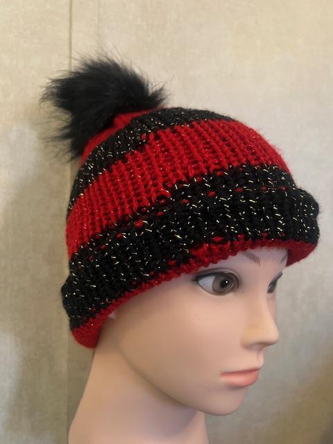 Sparkly Metallic Handmade Knit Striped Hat with Faux Pom Pom