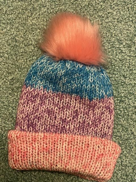 Colorful Rainbow Hand-Knitted Winter Hat with Faux Fur Pom pom - Fits infant/child