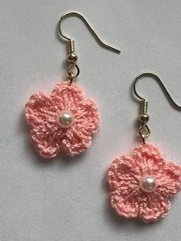 Pink, White, Red Crocheted Flower Earrings with Pearl Center on Gold-Plated Earring hooks