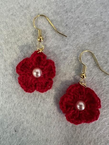 Pink, White, Red Crocheted Flower Earrings with Pearl Center on Gold-Plated Earring hooks