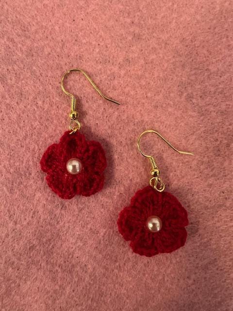 Pink, White, Red Crocheted Flower Earrings with Pearl Center on Gold-Plated Earring hooks