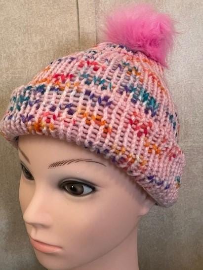 Hand-Knitted Pink Multi-Color Speckled Beanie with Pom Pom