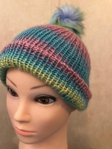 Pastel Colored Hand-Knitted Beanie with Faux Pom Pom