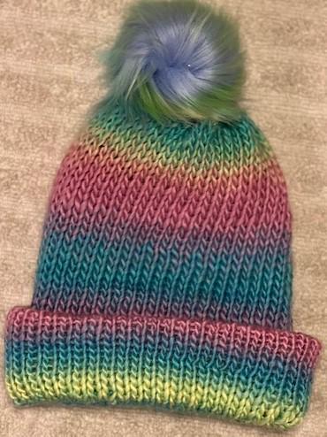 Pastel Colored Hand-Knitted Beanie with Faux Pom Pom