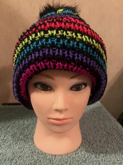 Super warm Handmade Adult Knitted Small Neon Striped Rainbow beanie winter hat,