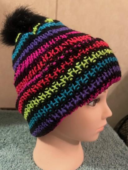 Super warm Handmade Adult Knitted Small Neon Striped Rainbow beanie winter hat,