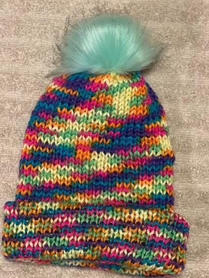 Adult Unisex Handmade Knit Rainbow Hat with Faux Pom Pom