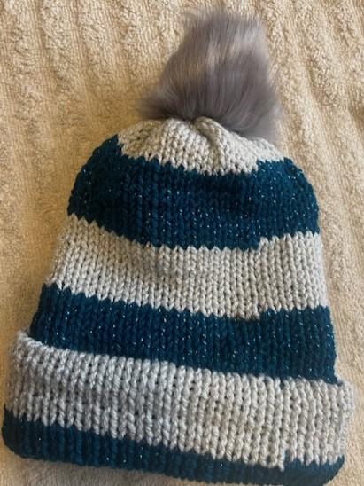 Sparkly Metallic Handmade Knit Striped Hat with Faux Pom Pom