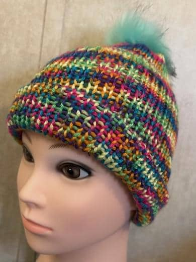 Adult Unisex Handmade Knit Rainbow Hat with Faux Pom Pom