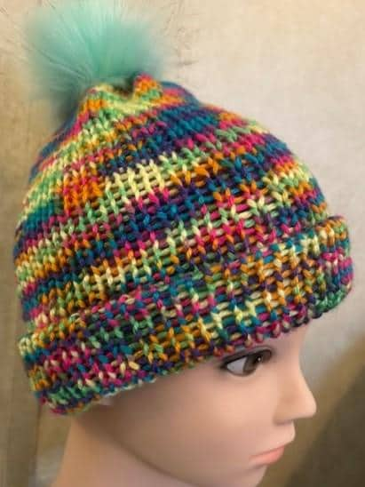 Adult Unisex Handmade Knit Rainbow Hat with Faux Pom Pom