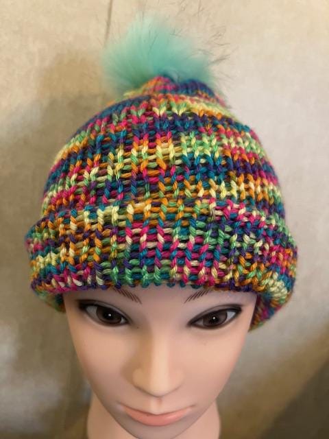 Adult Unisex Handmade Knit Rainbow Hat with Faux Pom Pom