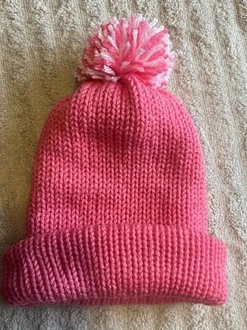 Small Adult Pink Handmade Knitted Winter Hat with handmade pink & white pom pom