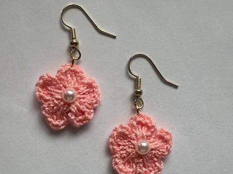 Pink, White, Red Crocheted Flower Earrings with Pearl Center on Gold-Plated Earring hooks