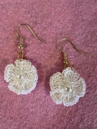 Pink, White, Red Crocheted Flower Earrings with Pearl Center on Gold-Plated Earring hooks