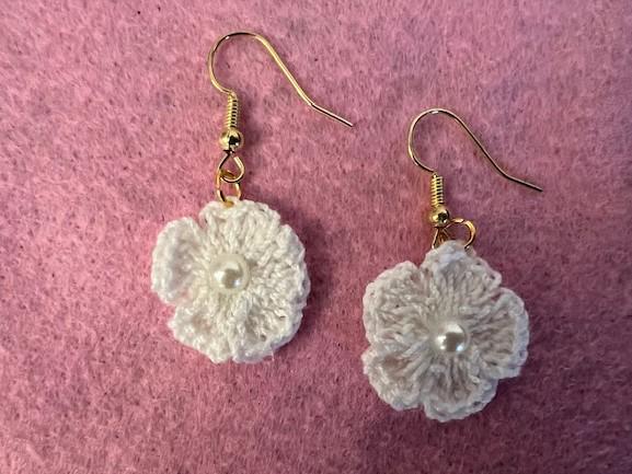 Pink, White, Red Crocheted Flower Earrings with Pearl Center on Gold-Plated Earring hooks