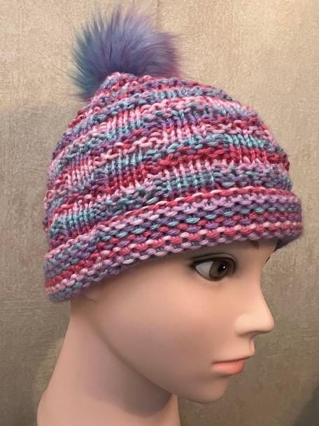 Times Square Pink Knitted Beanie with Colorful Pom Pom, Infant/Toddler/Adult Women