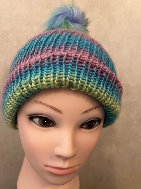 Pastel Colored Hand-Knitted Beanie with Faux Pom Pom