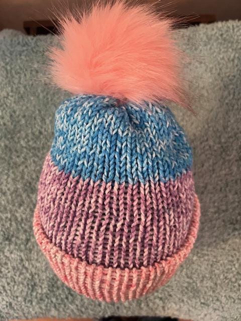 Colorful Rainbow Hand-Knitted Winter Hat with Faux Fur Pom pom - Fits infant/child